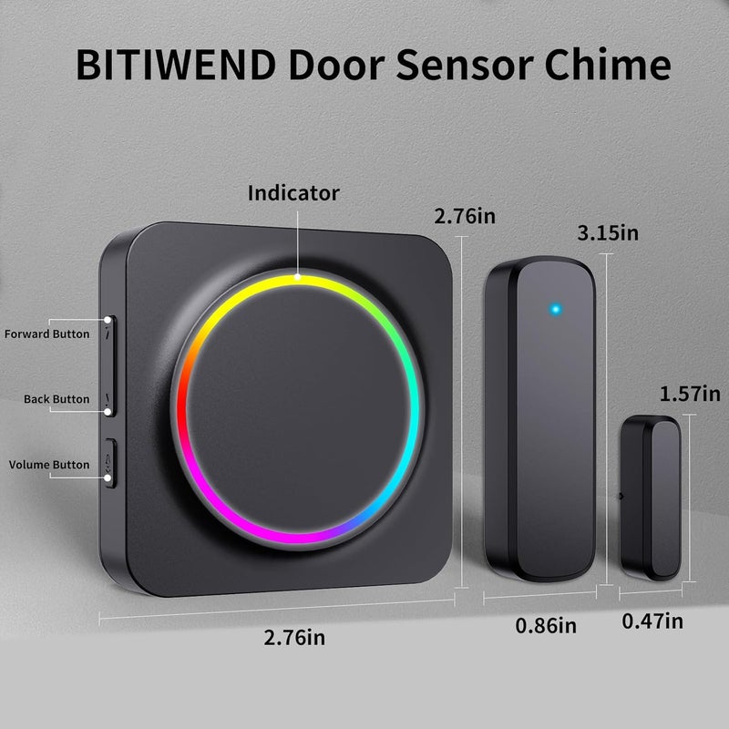 BITIWEND Door Chime, Door Sensor Chime When Door Opens, Door Entry Alarm for Business/Home/Office/Store, 600 FT Range, 32 Chimes 5 Adjustable Volume Door Ringer Alert 2Sensor + 1Receivers Black - Image 3